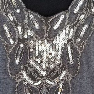 TEMPTED sequin lace embellished tee cowl neck flutter sleeve charcoal silver M